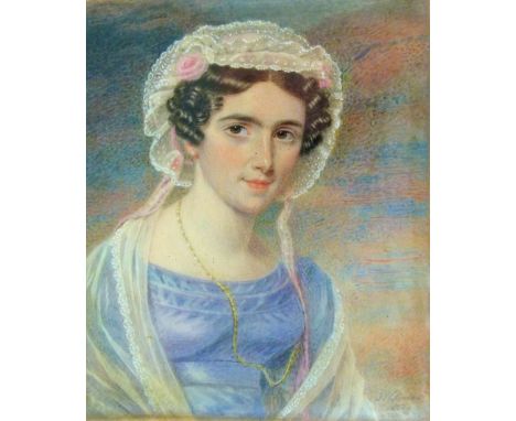 Joseph.W. Slater (1779-1837) - Rectangular miniature on ivory - Portrait of a young lady wearing a lace cap and blue dress, s