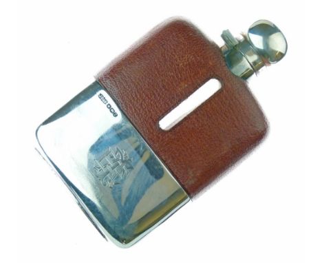 George VI glass hip flask having leather mounted shoulders, the silver hinged cover and sleeve hallmarked for James Dixon & S