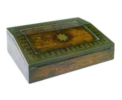 Regency brass inlaid writing slope, the back hinged cover opening to reveal a fitted interior with brass mounted inkwells, th