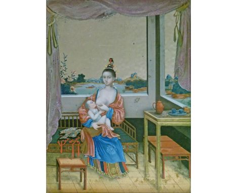 Attributed to Spoilum - Rare 18th Century Chinese Colonial reverse painted mirror - Study of a European lady breastfeeding he