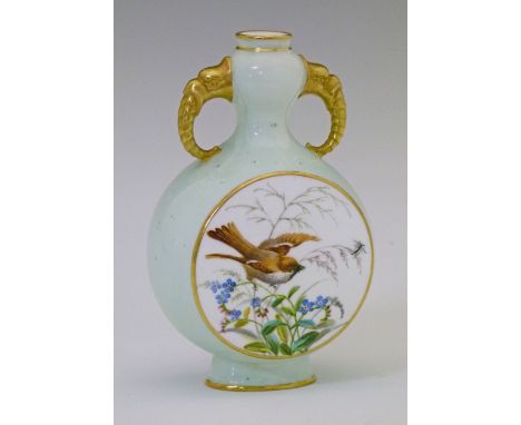 Late 19th Century porcelain moon flask decorated with circular painted reserve panels depicting birds and butterflies amongst