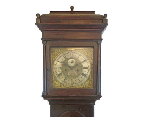 18th Century longcase clock by John Sanderson, the grained soft wood case having a long arch shaped door and standing on brac