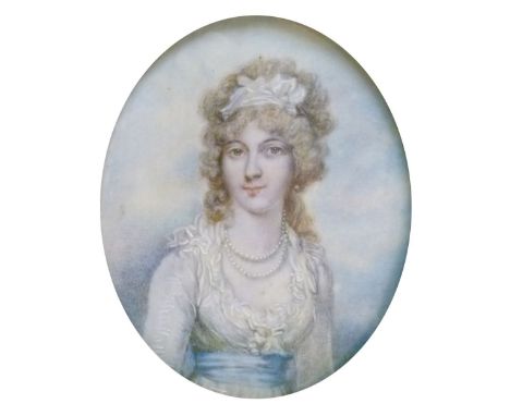 Late 18th/early 19th Century English School - Oval miniature on ivory - Portrait of a young lady wearing a lace trimmed white
