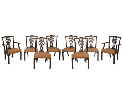 Set of eight late 19th/early 20th Century Chippendale style mahogany dining chairs, each having crest rail with carved ears, 