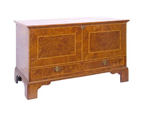 George II figured walnut veneered mule chest having inlaid herringbone banding, fitted two short drawers and standing on brac
