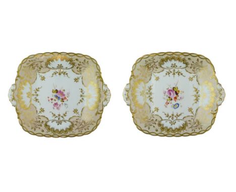 Pair of 19th Century H & R Daniel porcelain rectangular plates, each having finely painted floral decoration within a gilded 