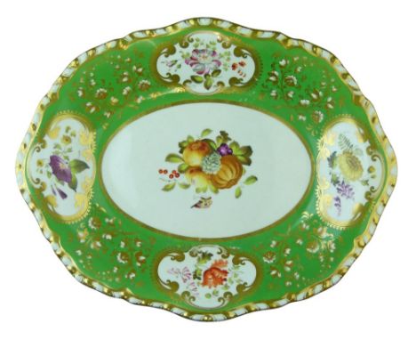 19th Century H & R Daniel oval dish having finely painted central fruit and insect decoration, the gilt decorated green groun