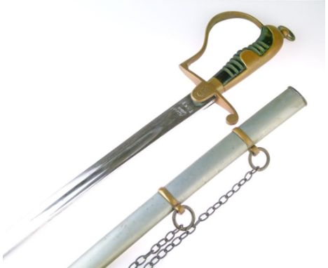 Turkish army officers sword single edged blade 80cm long, swollen 'D' shaped brass knuckled bow, brass langet with crescent a