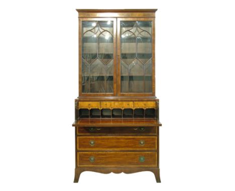 Good quality reproduction Georgian style inlaid mahogany secretaire bookcase, the upper section fitted three shelves enclosed