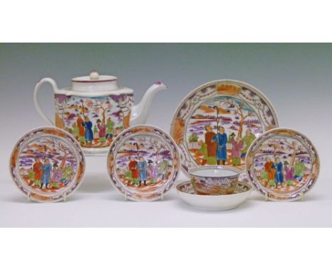 Late 18th/early 19th Century English part tea service, each piece having polychrome painted transfer printed decoration depic