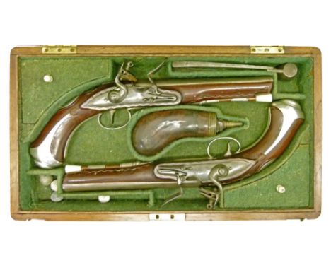 Pair of cased silver mounted flintlock pistols, the locks and barrels by Griffin & Tow London, circa 1776, 18cm barrels engra