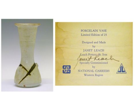 Janet Leach porcelain baluster vase, No.6 from a limited edition of 25, having lugged shoulders and with brown decoration on 