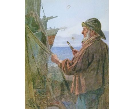 T. Hampson Jones (1846-1915) - Watercolour - Three quarter length portrait of a fisherman repairing nets, signed and dated 18