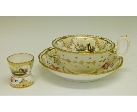 19th Century H & R Daniel porcelain breakfast cup and saucer having painted landscape and rose decoration within gilded scrol
