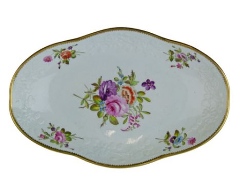 19th Century Spode oval bowl decorated with polychrome painted floral sprays on a moulded white ground, red painted mark and 