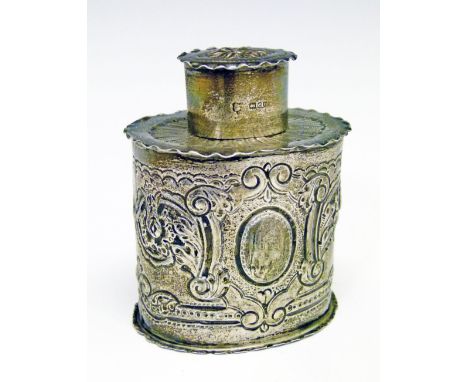 Victorian oval tea caddy having embossed Neo-classical stylised foliate decoration, makers George Maudsley Jackson & David La