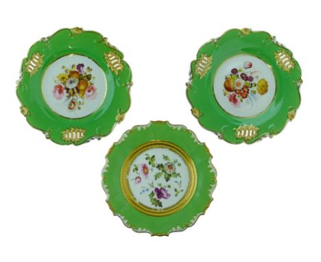 Pair of 19th Century H & R Daniel plates, each having finely painted central foliate decoration within a shell pierced green 