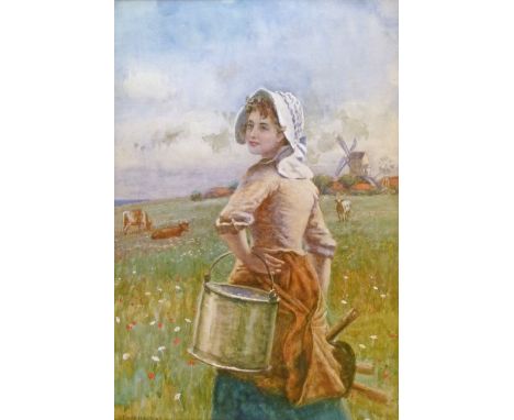 Arthur Foord Hughes (1896-1934) - Watercolour - Three quarter length portrait of a milkmaid with cattle and windmill in the b