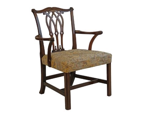 George III Chippendale style mahogany open arm elbow chair, the crest rail with carved corners, pierced back splat, outswept 