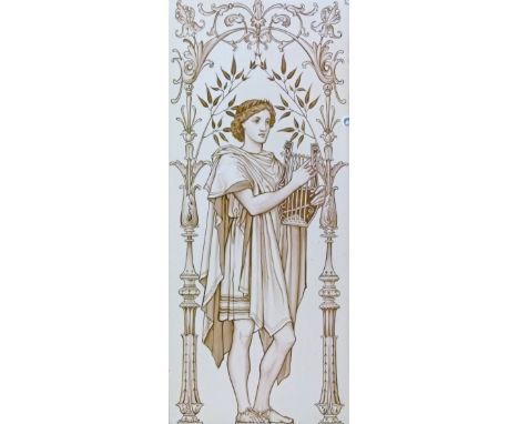 19th Century Minton Hollins & Co brown and off-white painted tile plaque, probably outside decorated with a young Grecian man
