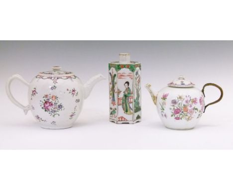 Two Chinese Famille Rose ovoid teapots, each having typical foliate decoration, 12.5cm and 14.5cm high together with a Famill