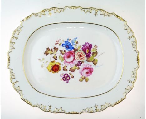 19th Century H & R Daniel oval dish having central finely painted floral decoration within a moulded gilt border, pattern 434