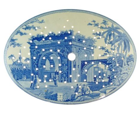 19th Century Spode blue and white transfer printed oval drainer decorated with The Triumphal Arch At Tripoli In Barbary patte