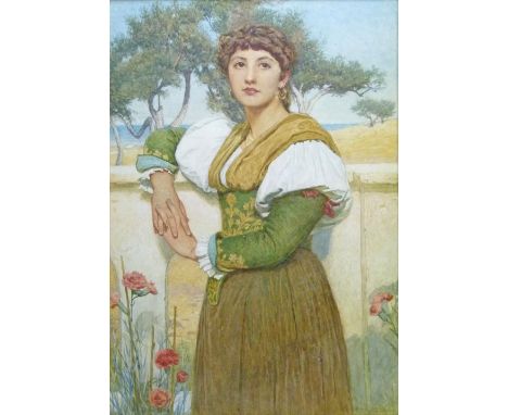 Edwin Bale (1838-1923) - Watercolour - Three quarter length portrait of a Mediterranean lady with carnations in the foregroun