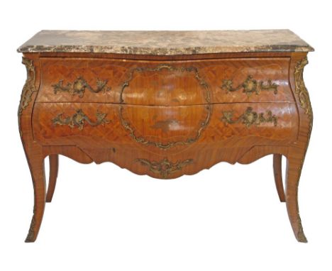 Early 20th Century French walnut bombe front commode having allover parquetry and marquetry decoration, grey, pink and white 