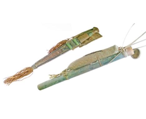 Ethnographica - Wooden cylindrical quiver with woven carrying strap and cover 61cm long with bow and Ethnic dagger with doubl
