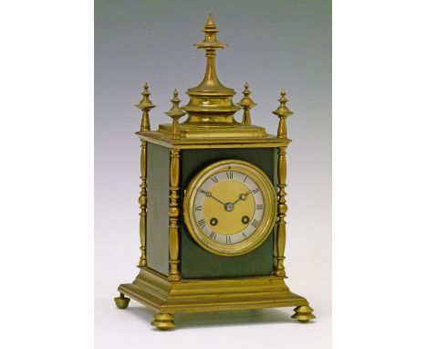 Small 19th Century French gilt brass and black slate cased mantel clock, the dial having a silvered chapter ring with Roman n