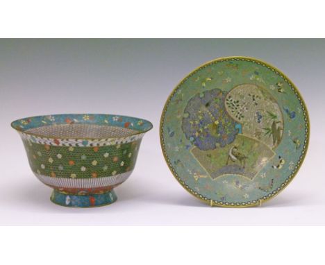 Two Japanese cloisonnÚ bowls, the first of deep flared form, the interior with stylised foliate decoration on a blue ground, 