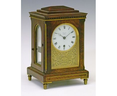 Regency brass inlaid rosewood cased single fusee mantel clock by Barraud of London, the case with chamfer top, arch shaped gl