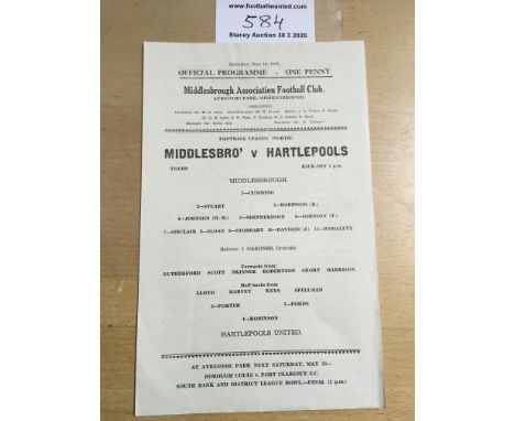 44/45 Middlesbrough v Hartlepool Football Programme: Excellent condition with no writing. Single sheet dated 19 5 1945.