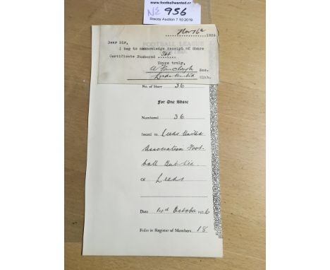 1926 Leeds United Share Certificate Receipt: Signed by manager and secretary Arthur Fairclough who resigned at the end of thi