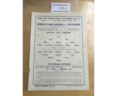 43/44 QPR v Tottenham Football Programme: Dated 4 9 1943 with no team changes. Good with tear on fold.