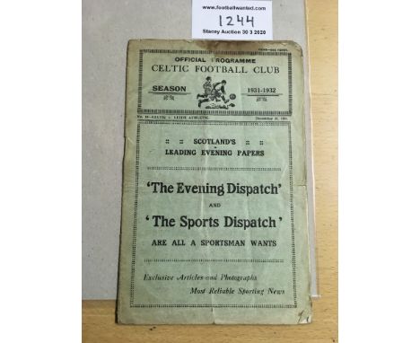 31/32 Celtic v Leigh Athletic Football Programme: Poor condition dated 19 12 1931. No team changes but fold, stain and tears 