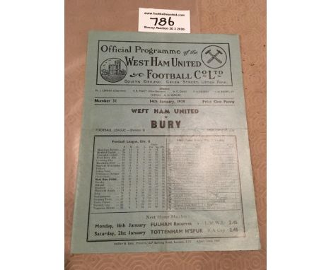 38/39 West Ham v Bury Football Programme: League match in excellent condition dated 14 1 1939 with no writing.