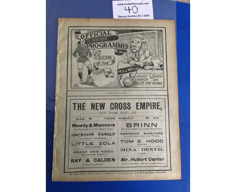 1910/11 England v Wales Football Programme: Full International dated 13 3 1911. Excellent condition 8 pager which is ex bound