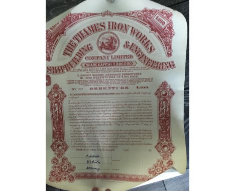 Thames Ironworks Share Certificate: Attractive Debenture measuring 18 x 14 inches. £100 unused certificate is signed by the s
