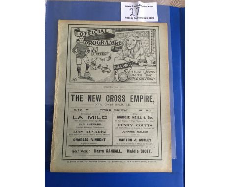 1910/11 Millwall Reserves v Rochester Football Programme: Reserve team match dated 29 10 1910. Excellent condition 8 pager wh