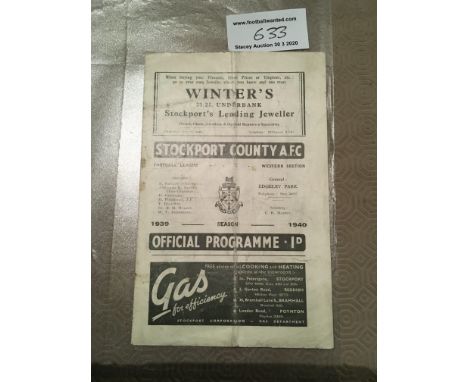 39/40 Stockport County v Port Vale Football Programme: 4 pager dated 11 11 1939 has quite a heavy fold but no team changes. 1