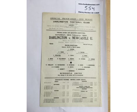 43/44 Darlington v Newcastle United Cup Football Programme: Single sheet dated 26 2 1944 in very good condition with no writi