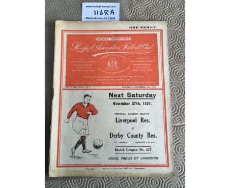 37/38 Liverpool v Huddersfield Town Football Programme: First Division match dated 20 11 1937. Good condition with no team ch