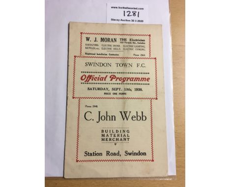 38/39 Swindon Town v Bristol City Football Programme: Very good condition dated 10 9 1938. No team changes. Rusty staple hold