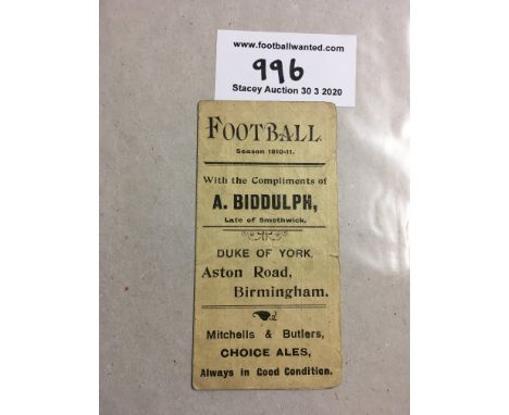 1910/11 Birmingham Aston Villa + West Brom Fixture List: 4 page card with fixtures of all 3 mentioned clubs. Good with light 