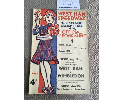 1939 West Ham v Wimbledon Speedway Programme: Good with light fold and some pencilled numbers. Great design to cover raced at