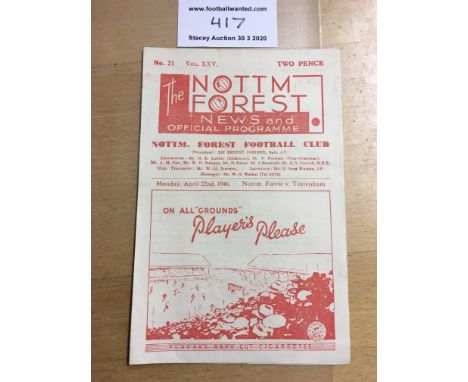 45/46 Nottingham Forest v Tottenham Football Programme: Dated 22 4 1946 with no team changes. Excellent.