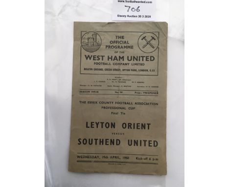 49/50 Essex Professional Cup Final Football Programme At West Ham: Leyton Orient v Southend United dated 19 4 1950 played at 