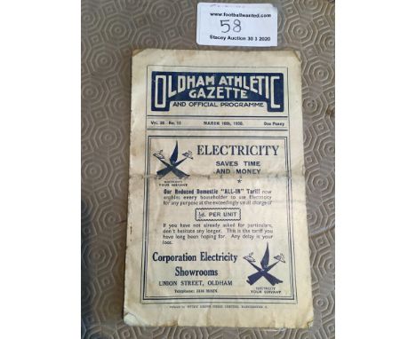 37/38 Oldham Athletic v Carlisle United Football Programme: Third Division North match dated 19 3 1938. Fair condition with n